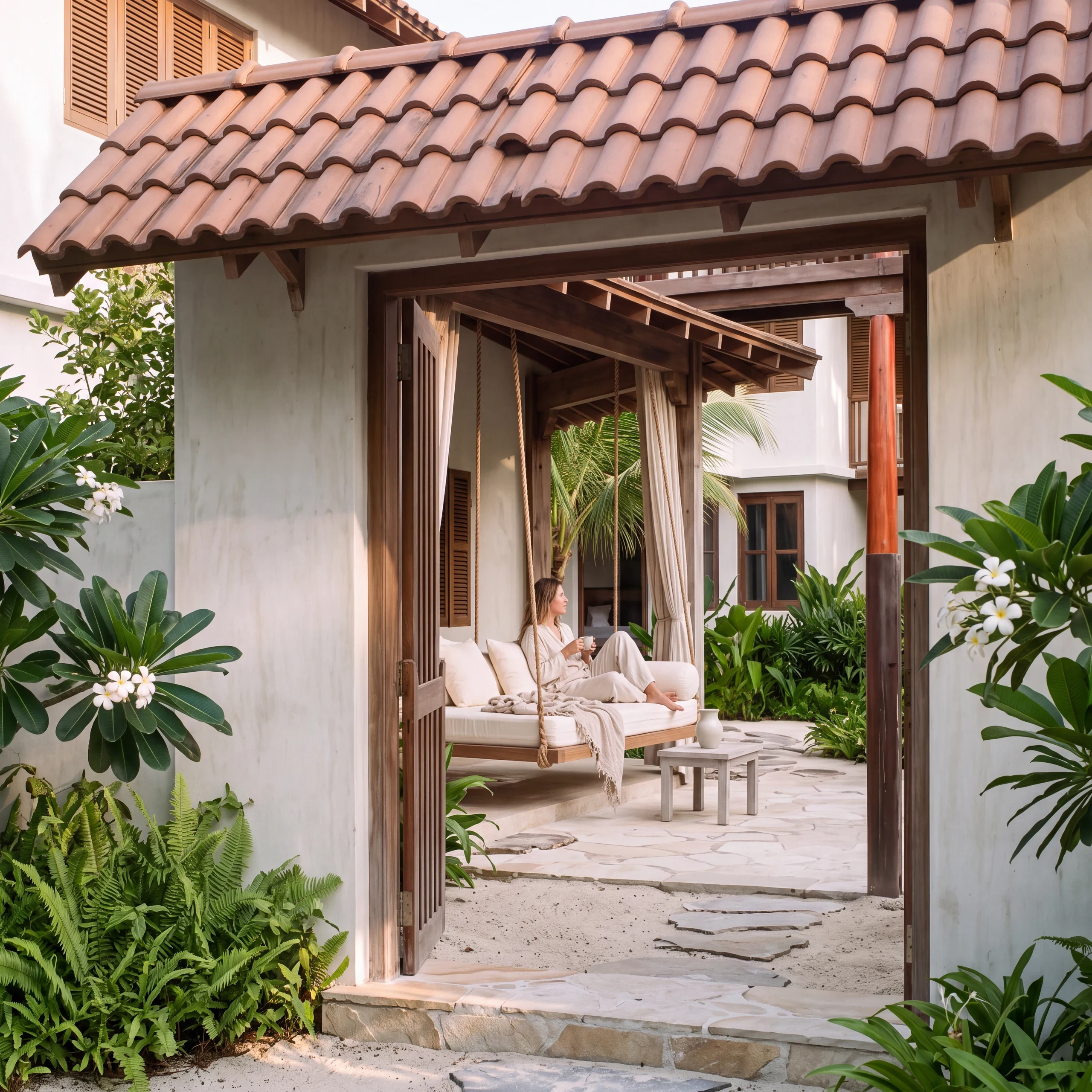 Architectural concept of a guest relaxing on a hanging linen daybed seen through an open heritage-residence gateway