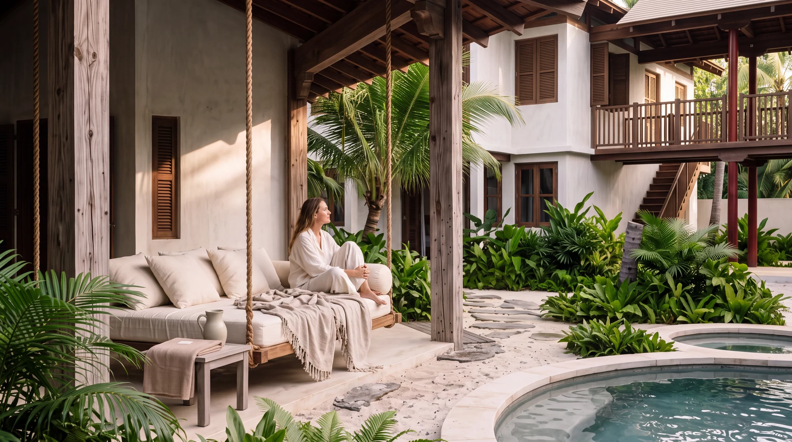 Architectural concept of a guest on a shaded hanging linen daybed overlooking the Ganduvaru heritage residence and private courtyard pool
