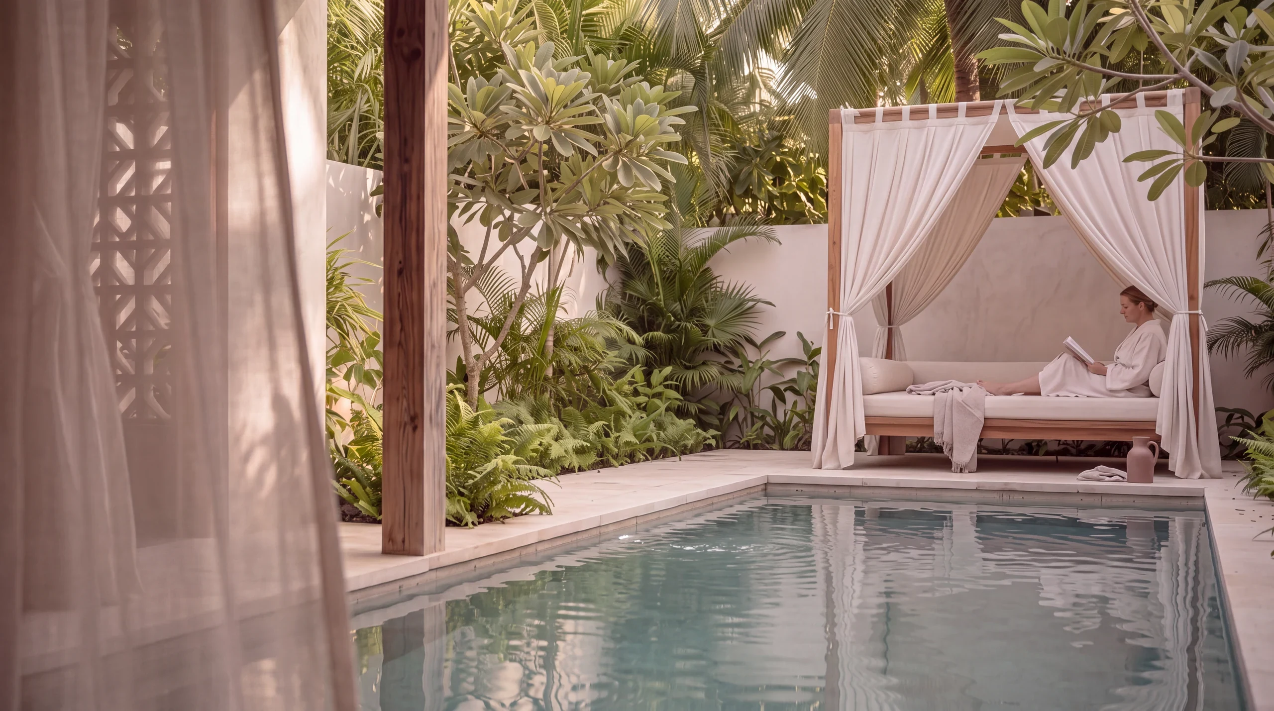 Architectural concept of the complete Sutra Kanzu garden canopy with a reading guest, ivory linen daybed and private pool reflections