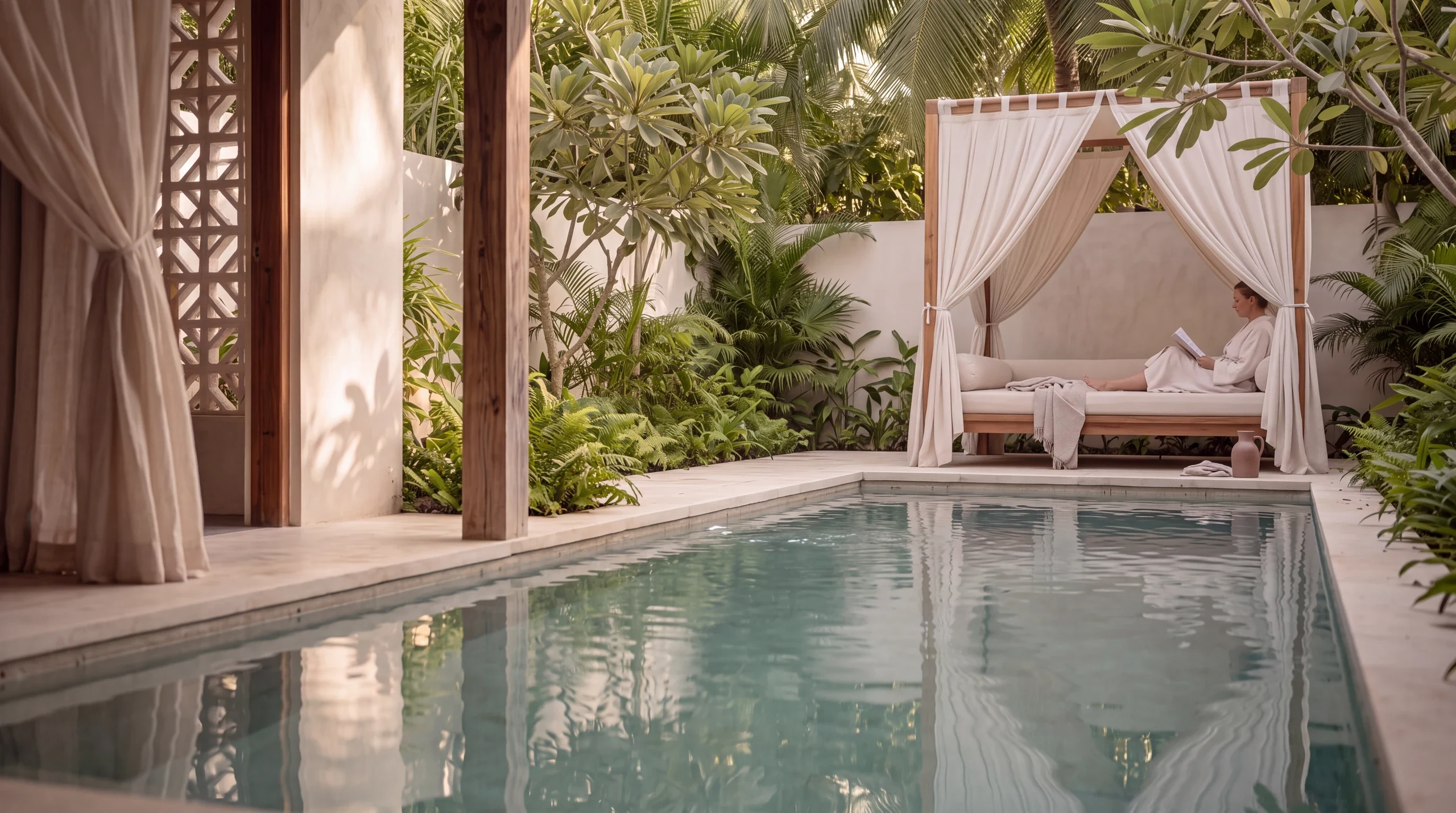 Architectural concept of a private Sutra Kanzu garden with a plunge pool and canopied daybed