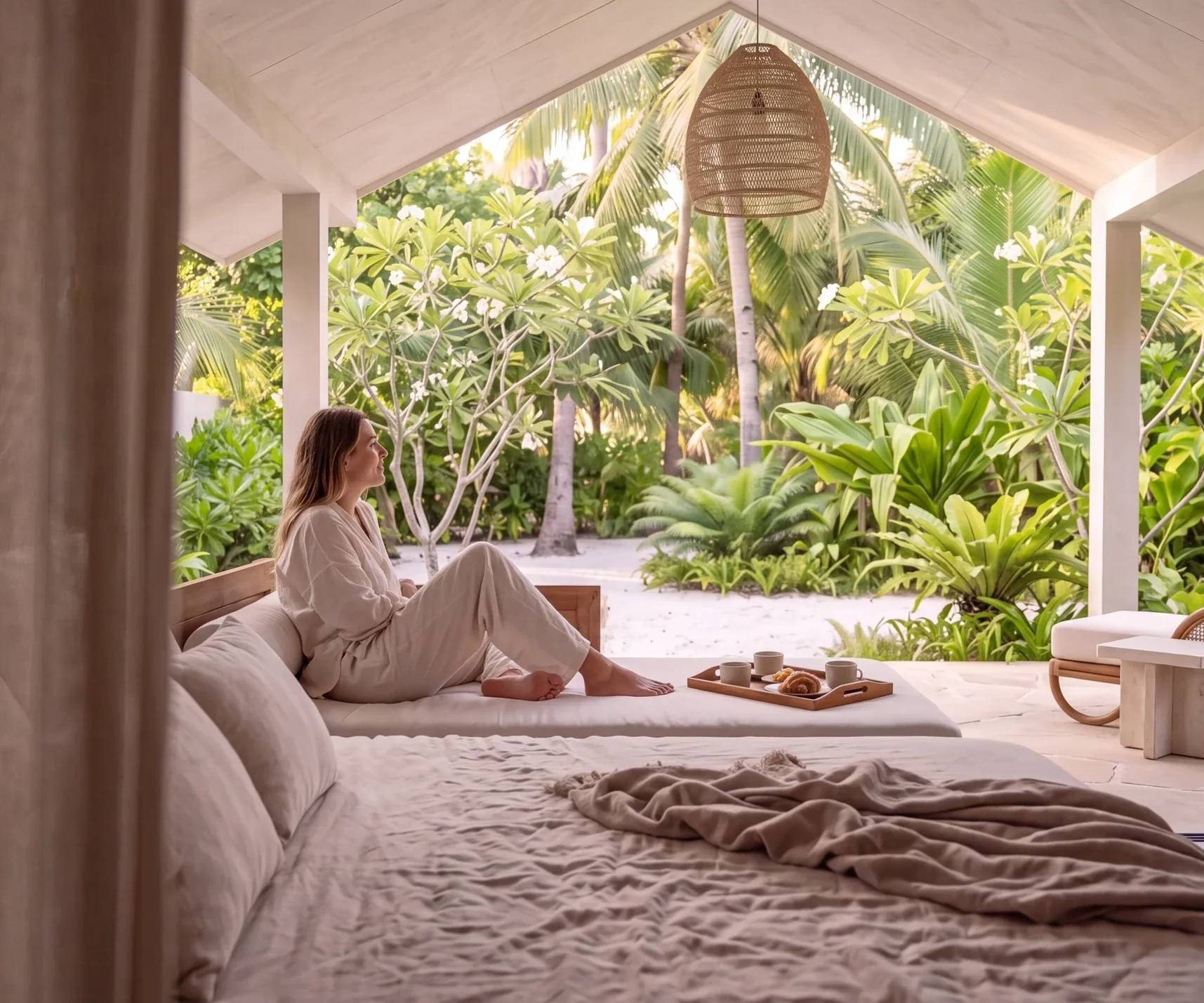 Architectural concept of a guest enjoying a quiet morning on a linen daybed in a tropical island dwelling