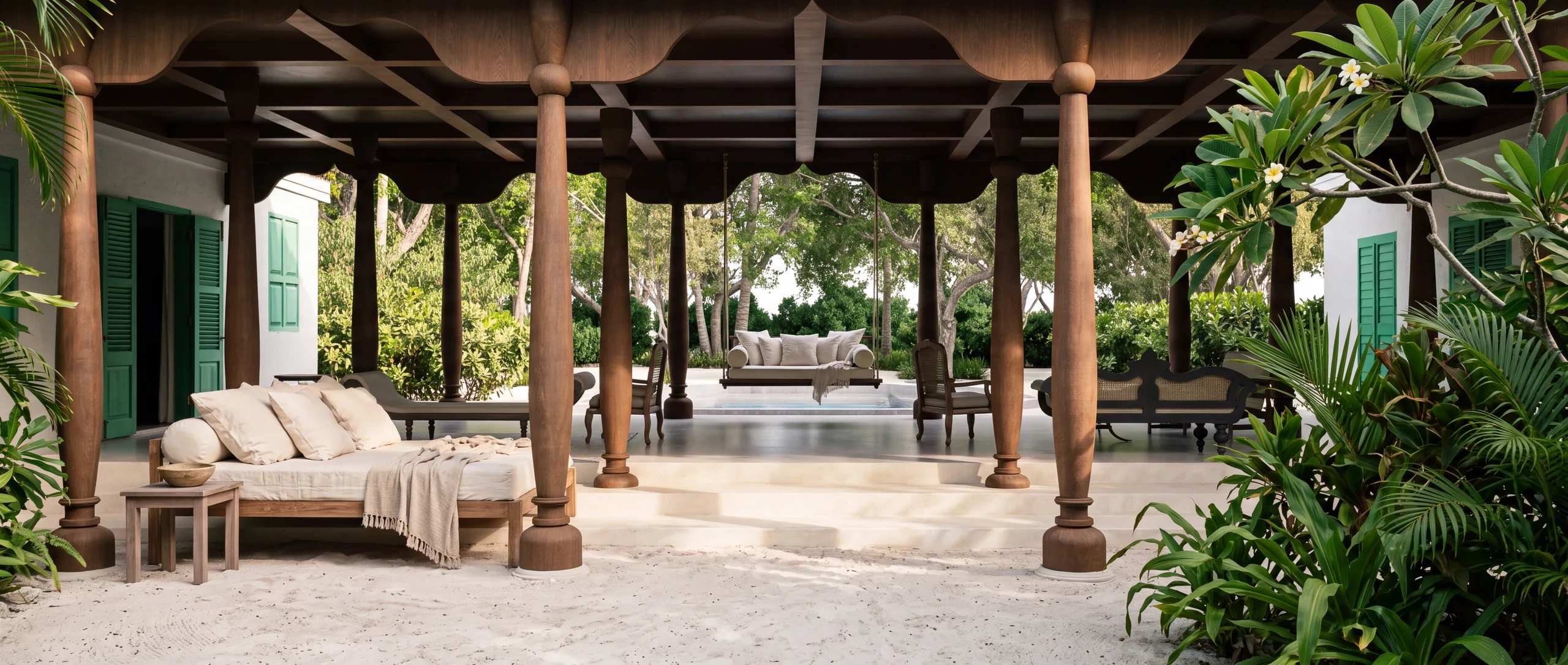 Architectural concept of a carved timber gathering pavilion with ivory linen and garden planting