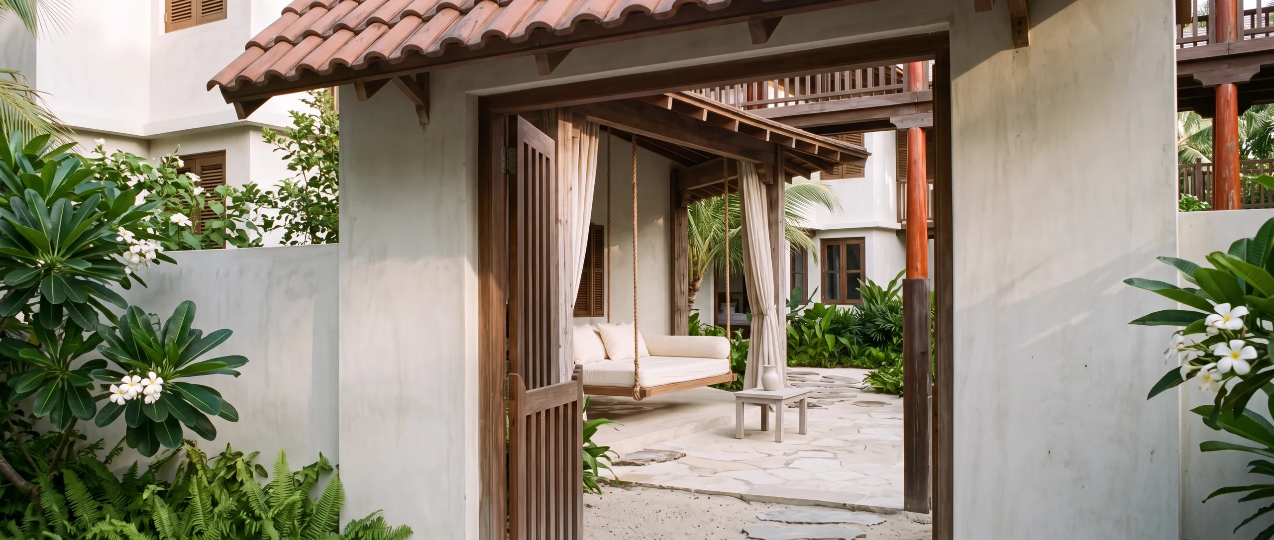 Architectural concept of an open heritage gateway revealing a planted courtyard