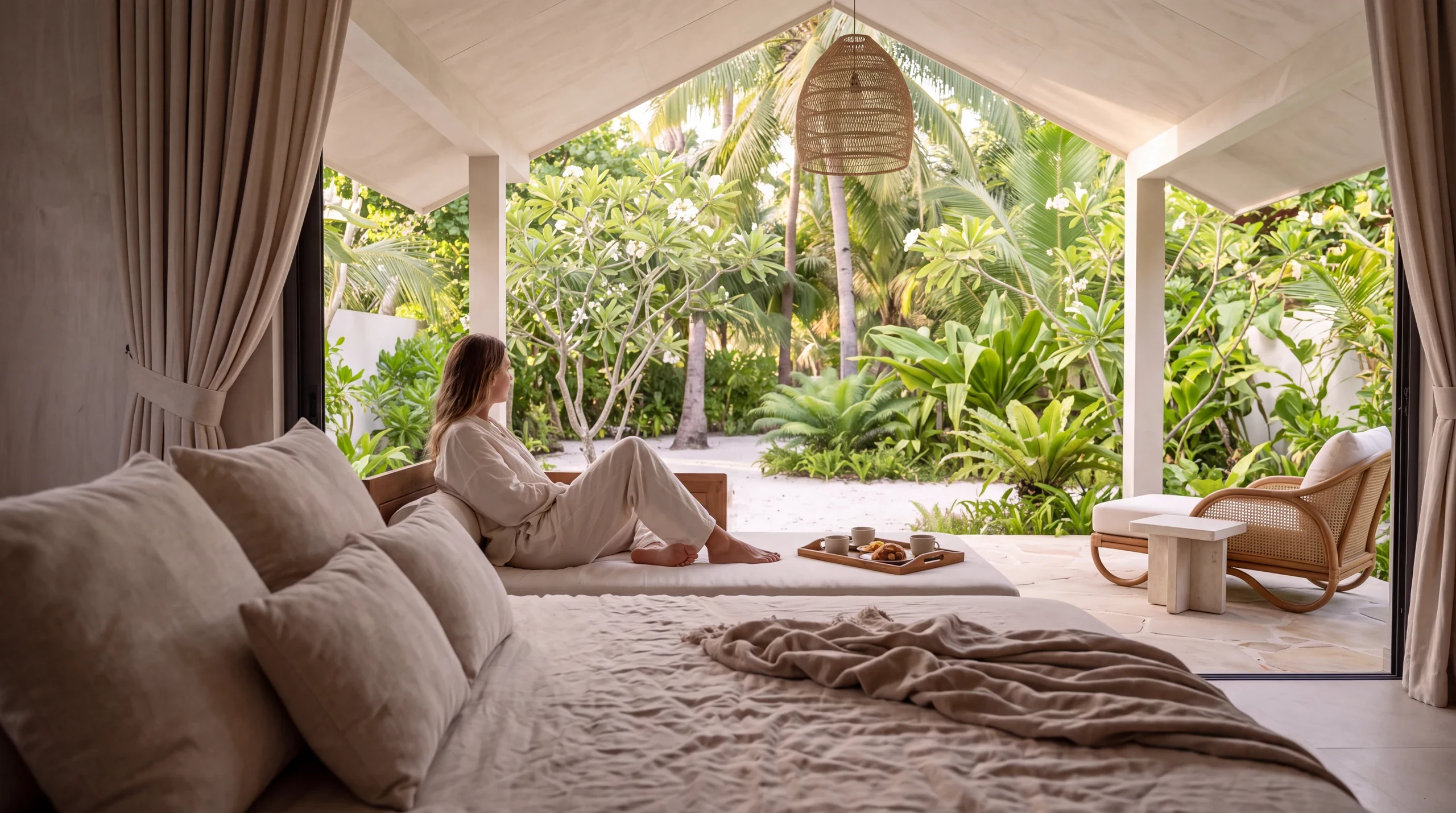 Architectural concept of an Athirige morning, from the linen bedroom toward a shaded veranda and garden