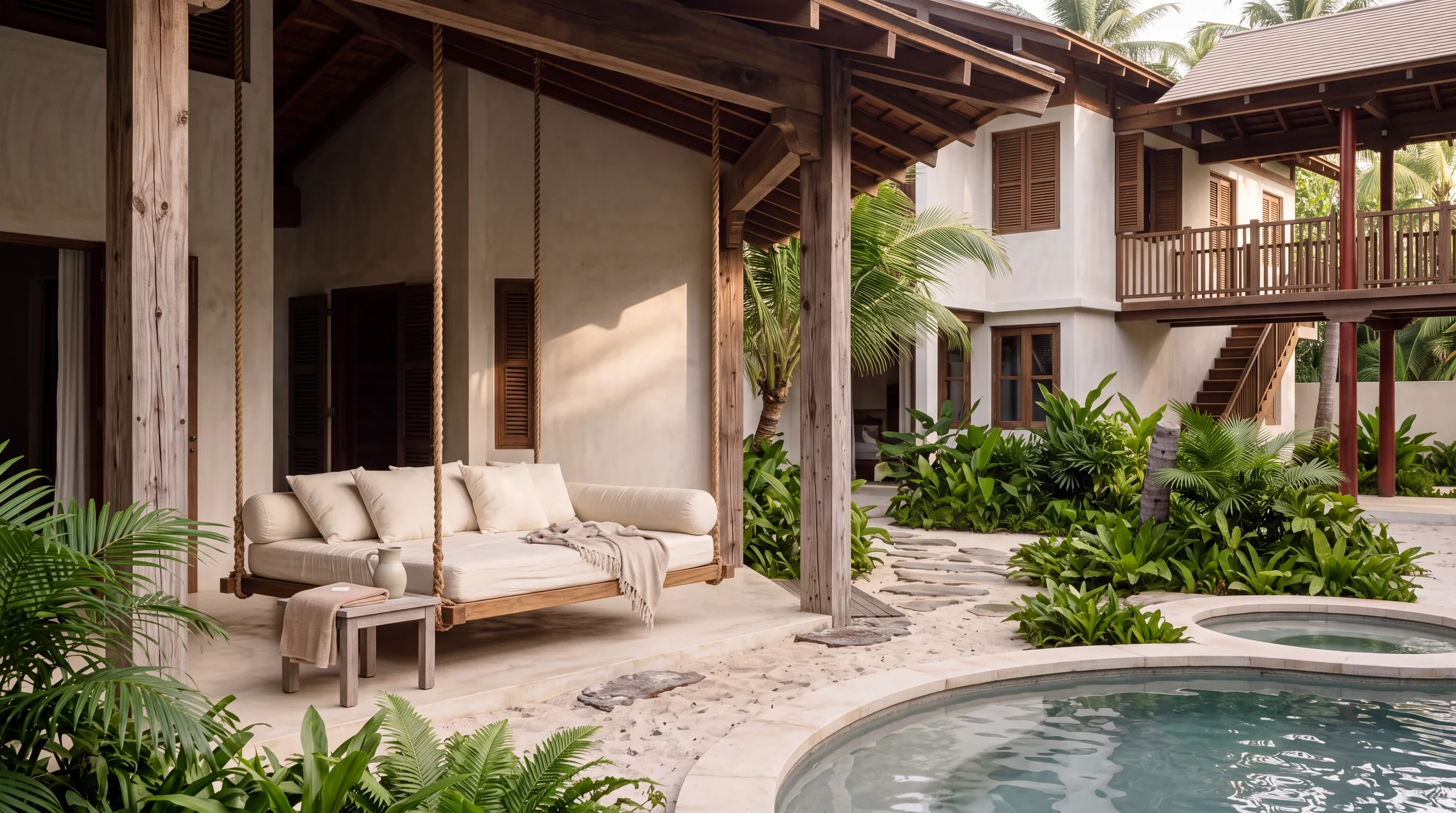 Architectural concept of a shaded hanging daybed overlooking a heritage residence courtyard pool