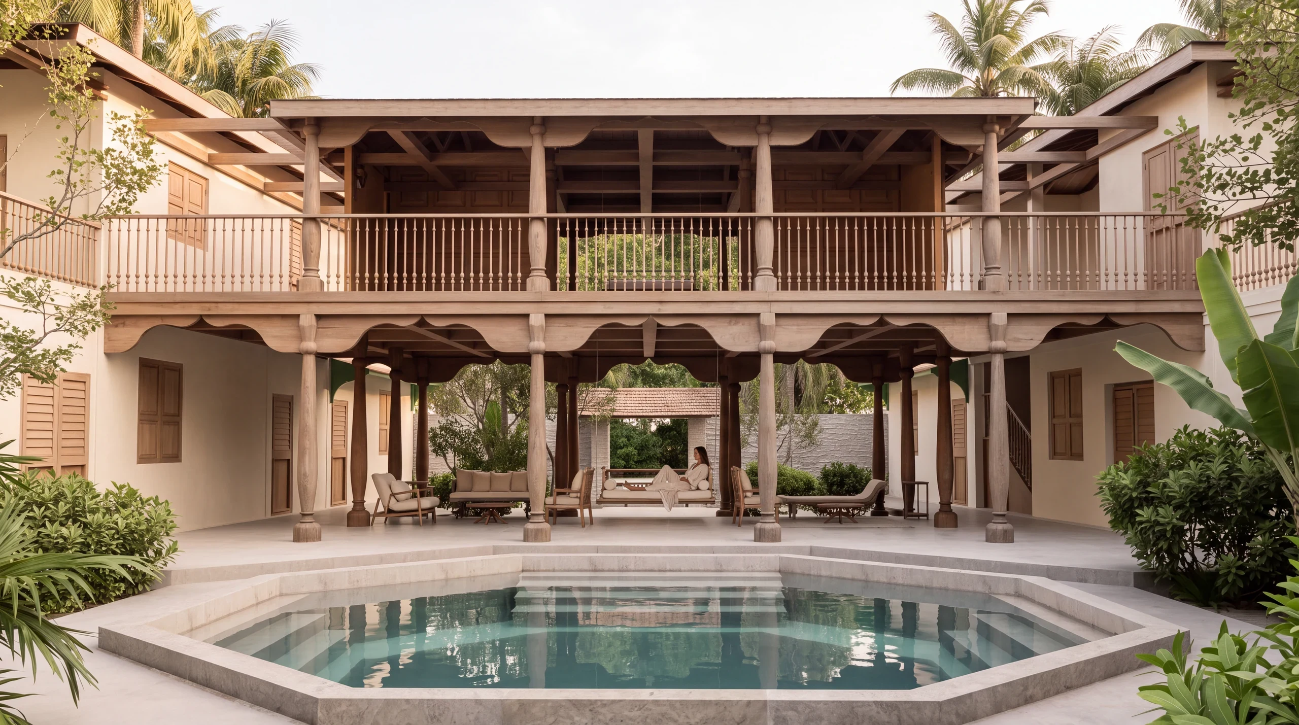 AI architectural visualisation of a proposed Bodu Ganduvaru courtyard finish in ivory and natural timber, with a stepped polygonal pool, carved galleries and a shaded hanging seat