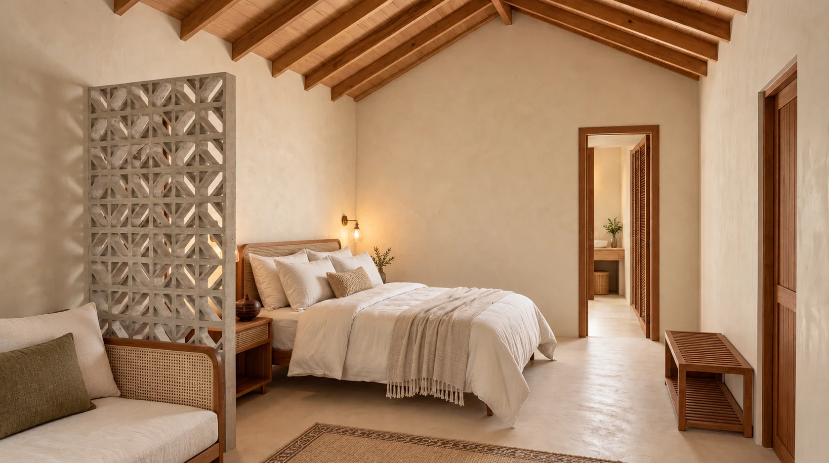 Proposed Type 1 bedroom and sitting sequence with ivory linen, natural timber, geometric jaali and a planted bathing threshold · AI architectural visualisation
