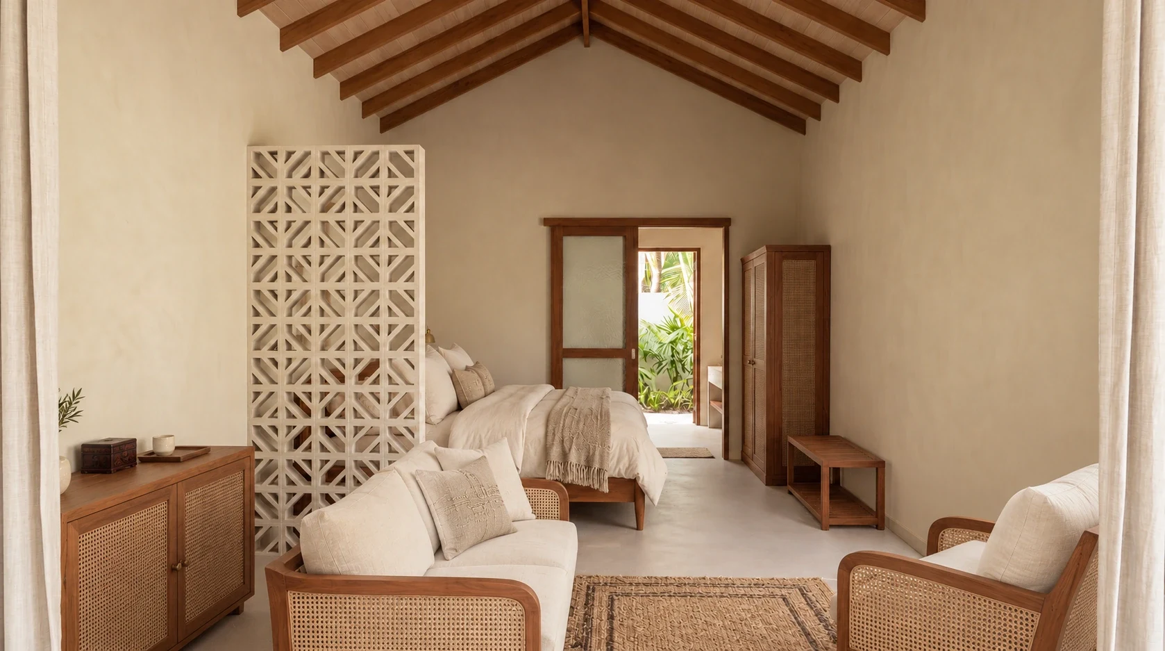 Proposed Type 2 bedroom with a larger sitting sequence, ivory bedding, artisan timber and cane seating, and timber storage · AI architectural visualisation