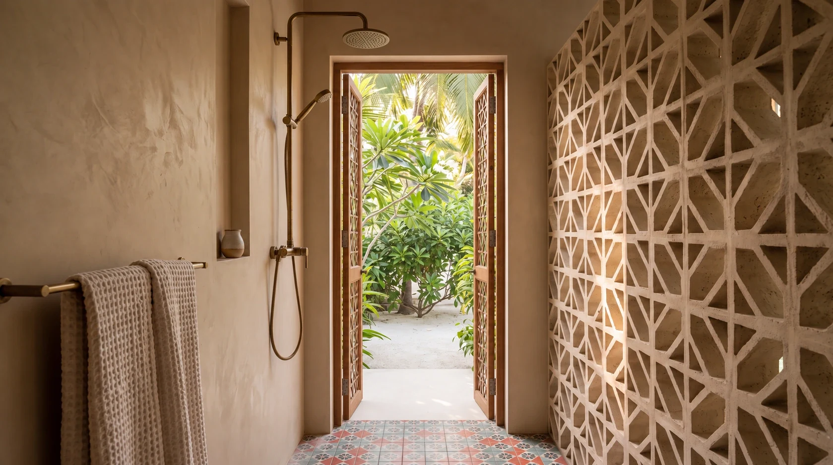 Proposed Gifili wet shower compartment opening through timber jaali doors to a planted rear garden · AI architectural visualisation