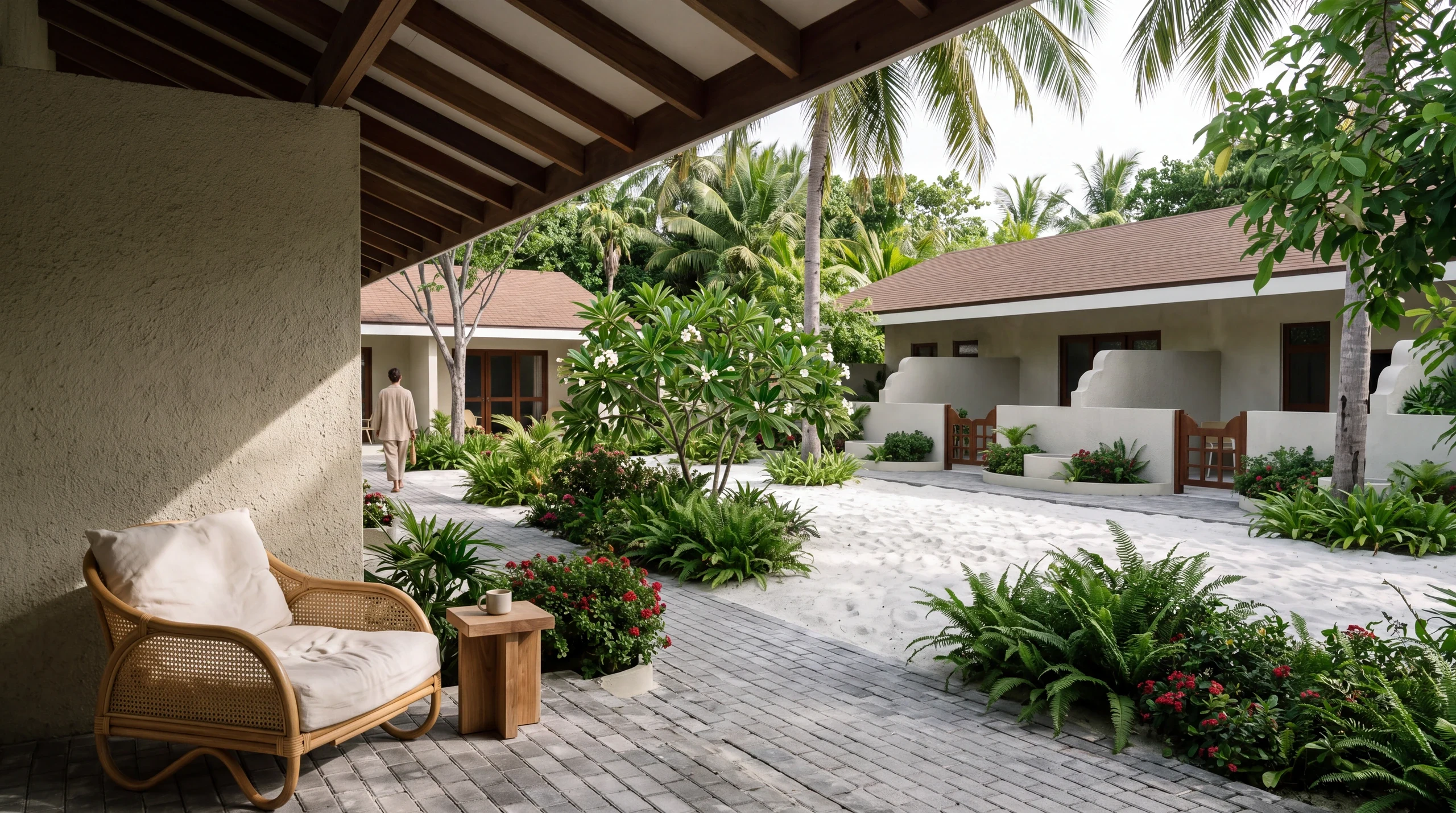 Proposed shared garden courtyard between hotel room blocks, with ivory façades, tiled roofs, shaded seating and lush planting · AI architectural visualisation