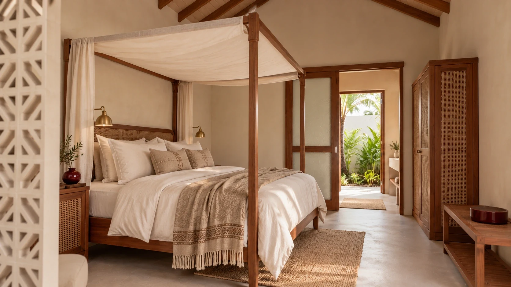 Type 2-inspired canopy bedroom proposal with contemporary timber and cane furniture, deep ivory linen and layered morning shade · AI architectural visualisation