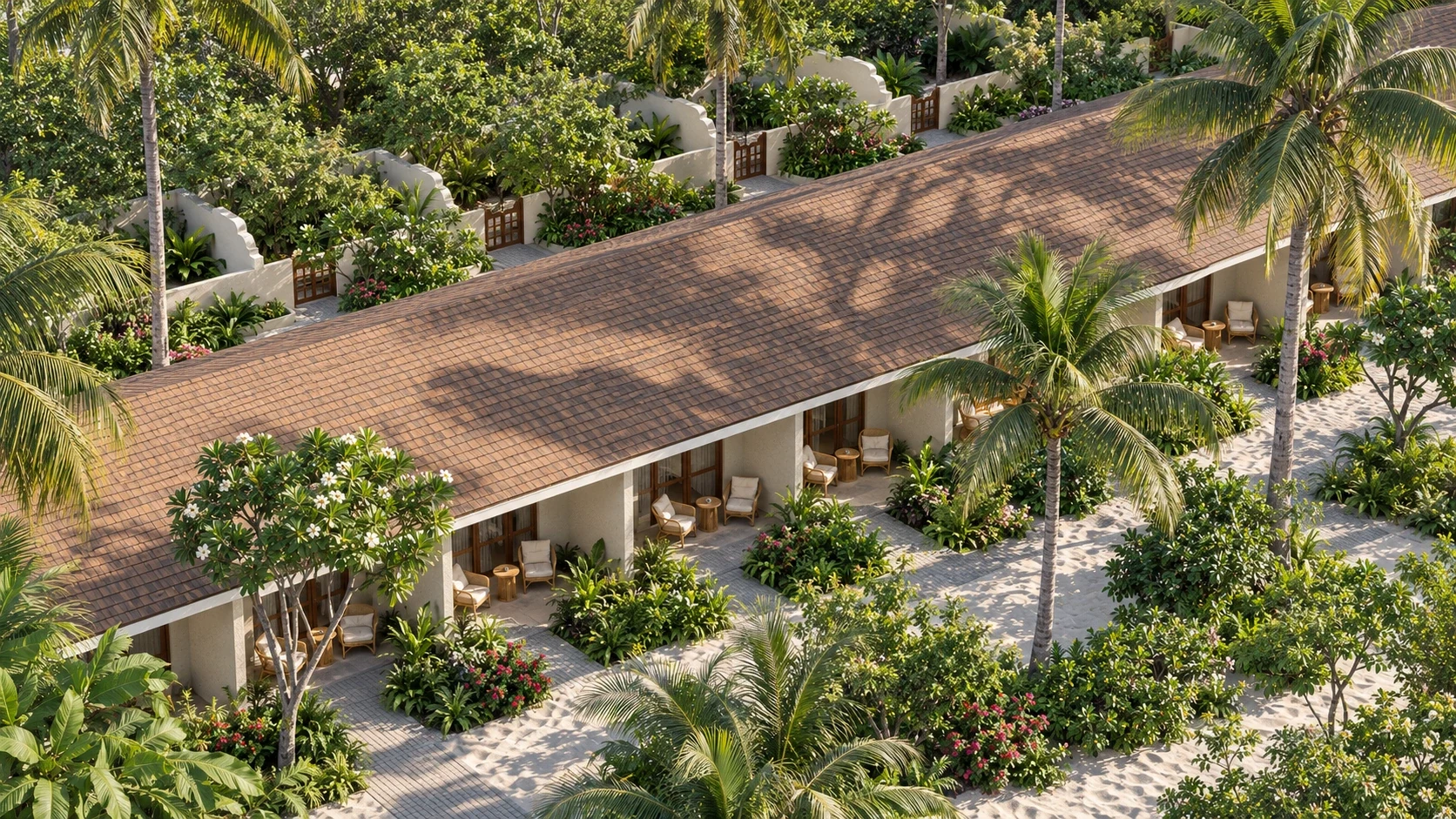 Oblique architectural aerial study of the proposed Type 1 room-block setting, garden enclosures and covered verandas · AI architectural visualisation